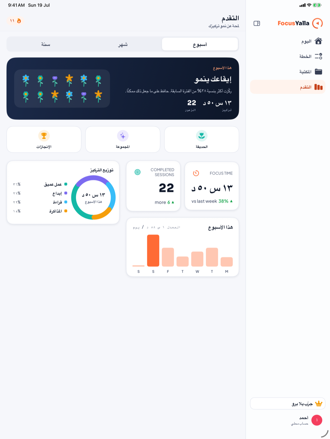لوحة التقدّم في يلا فوكس على الآيباد