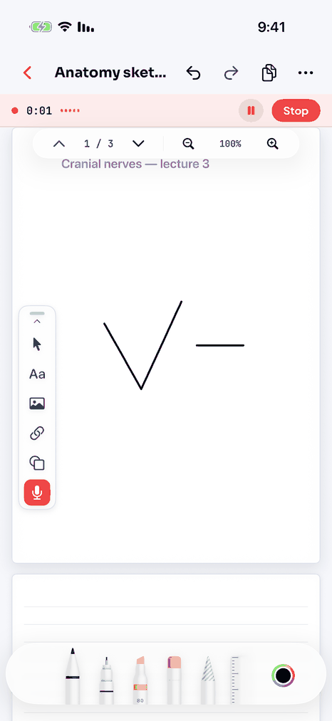 Recording a lecture inside a notebook while the timer counts up